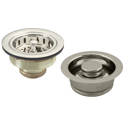 WESTBRASS Post Style Large Kitchen Basket Strainer W/ InSinkErator Style Disposal Flange & Stopper in Polished D2165-05